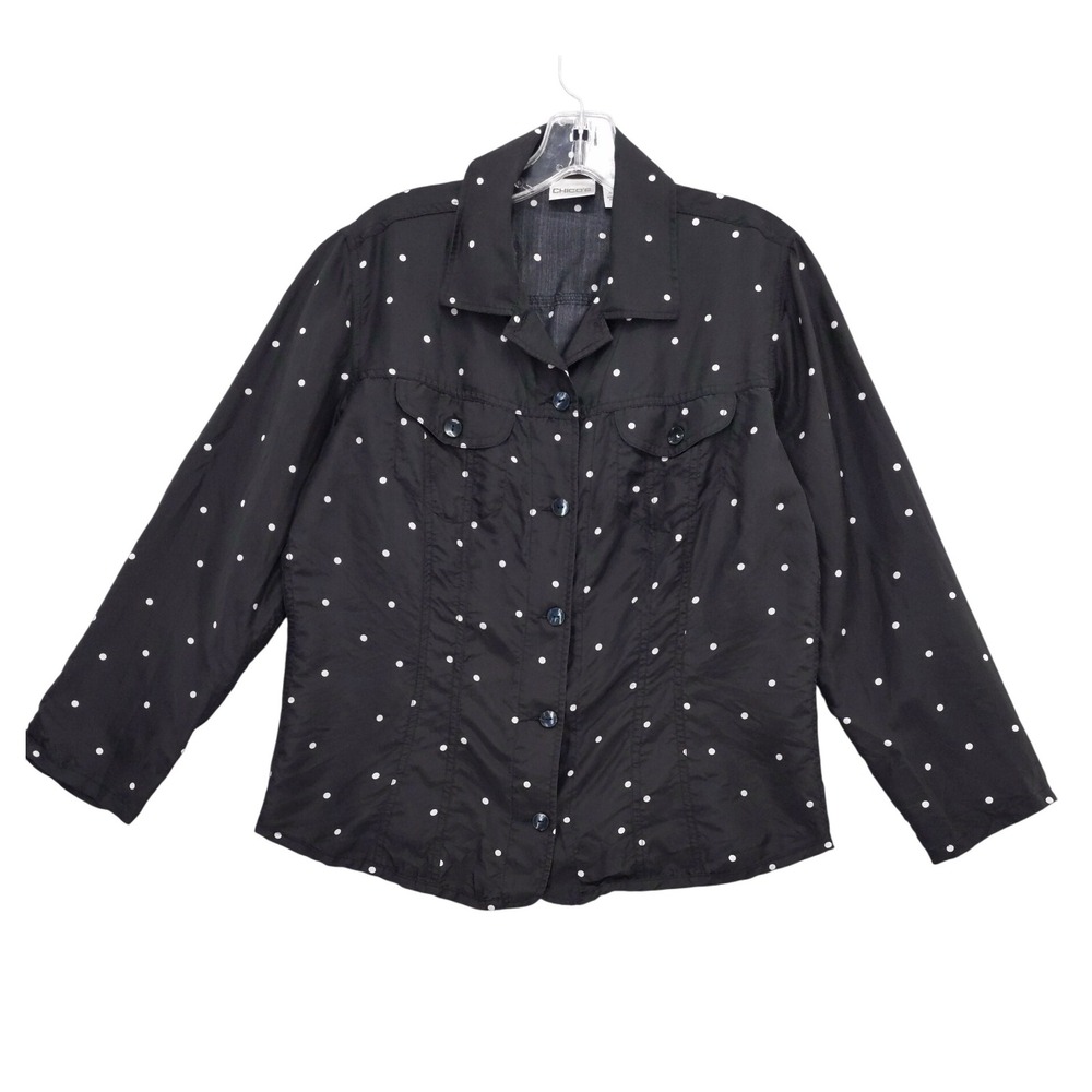 Chico's Silk Polka Dot Button Down Shirt Long Sleeve Top Size 1 M‎